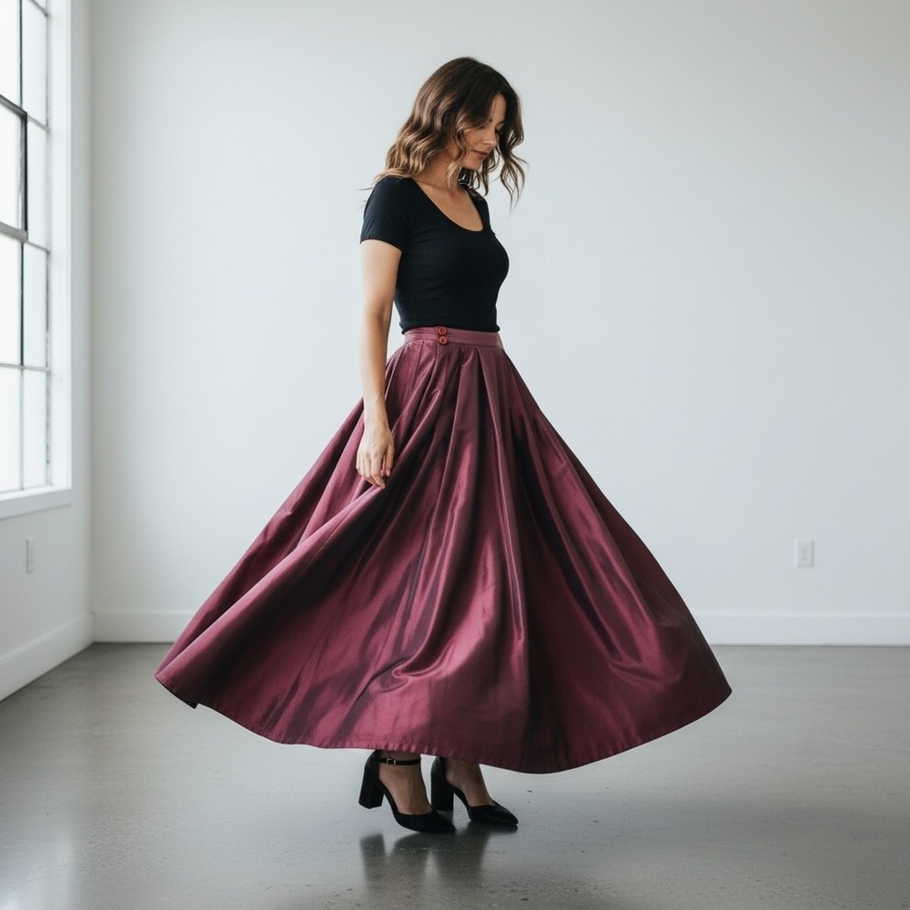 Vintage Taffeta Midi Skirt 6 Iridescent Luminous‎ Burgundy Full Circle 50s Vibe